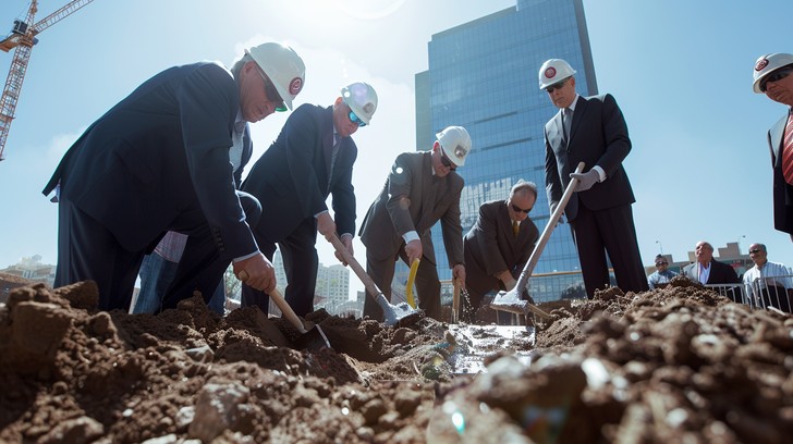 Groundbreaking ceremony with executives in hard hats