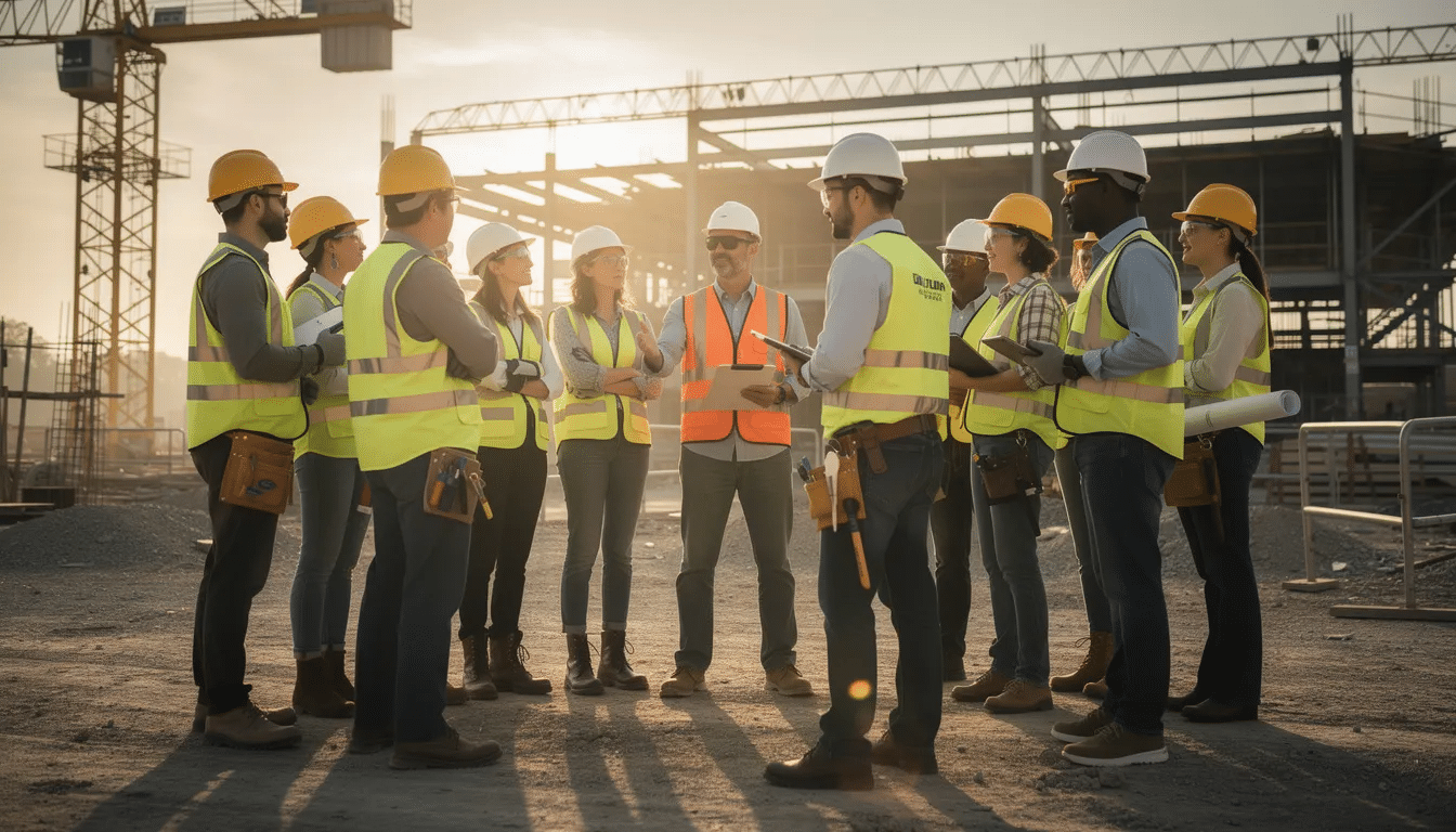 Construction crew reviewing plans on an active jobsite